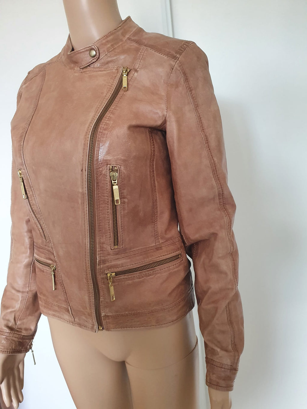 Veste / Blouson Biker en Cuir Véritable Marron – Naf Naf (Taille 36 / S)