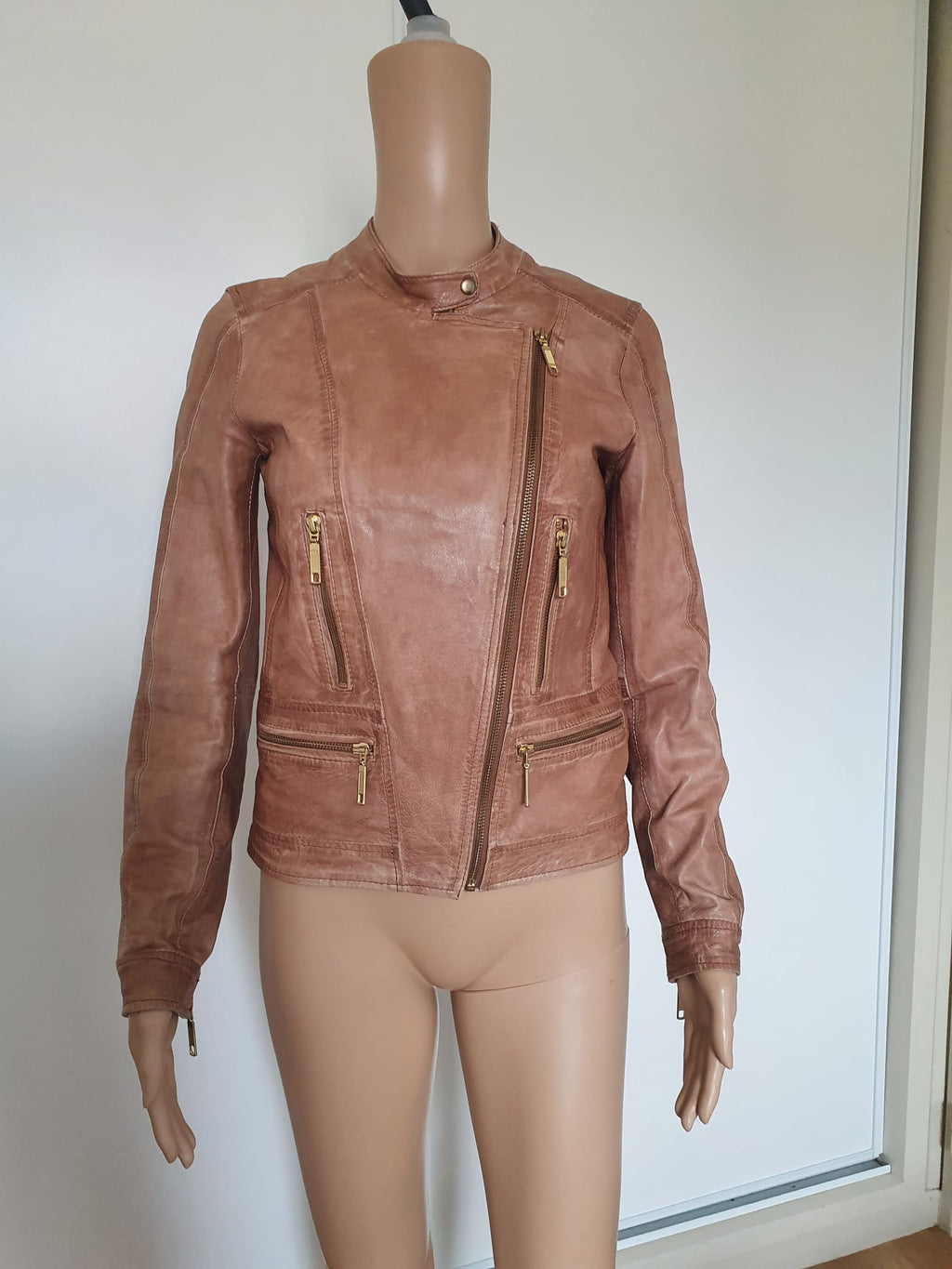 Veste / Blouson Biker en Cuir Véritable Marron – Naf Naf (Taille 36 / S)