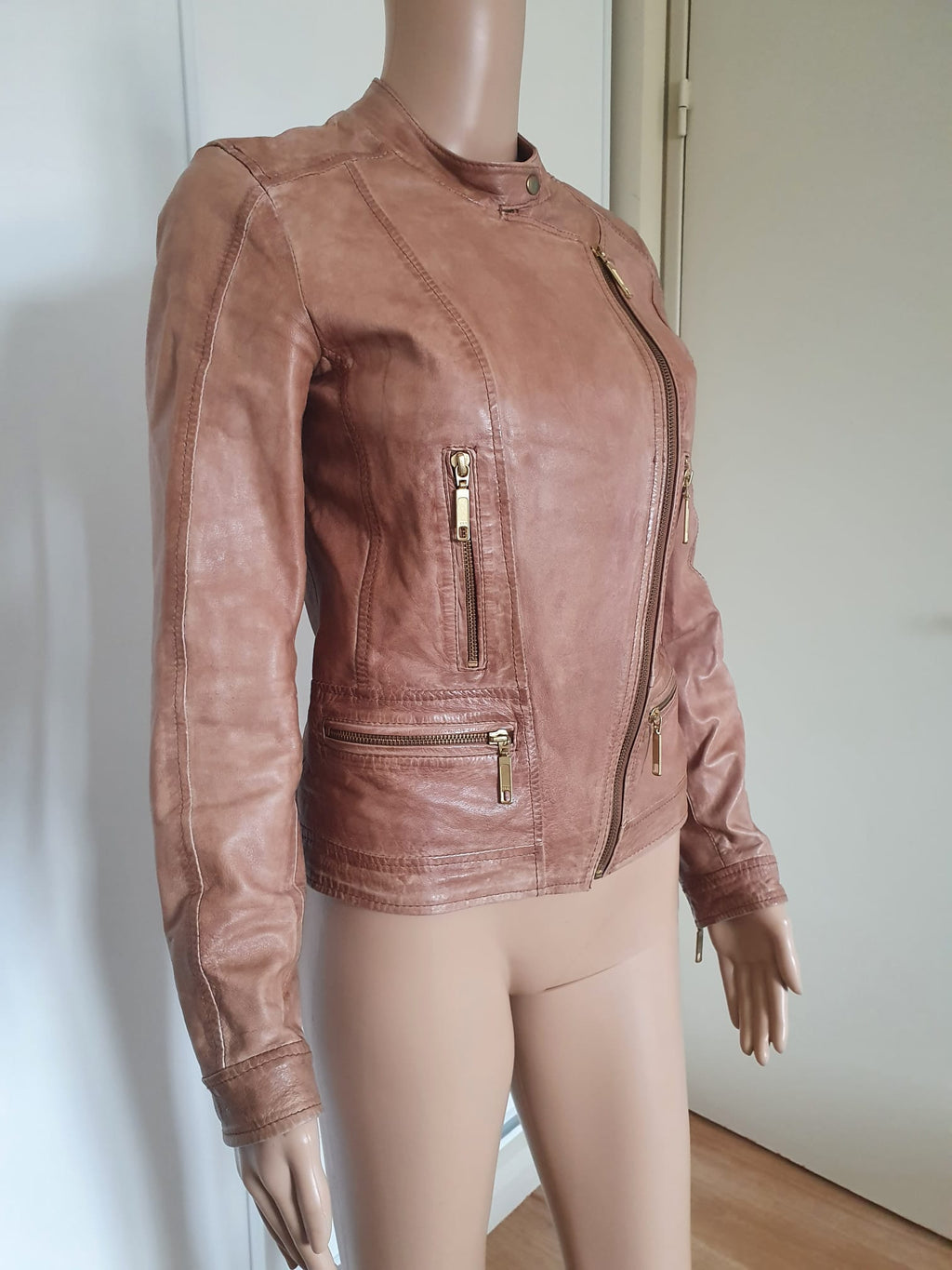 Veste / Blouson Biker en Cuir Véritable Marron – Naf Naf (Taille 36 / S)