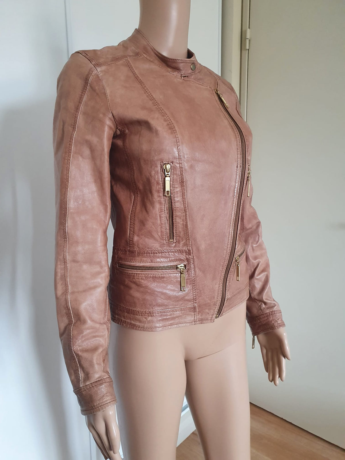 Veste / Blouson Biker en Cuir Véritable Marron – Naf Naf (Taille 36 / S)