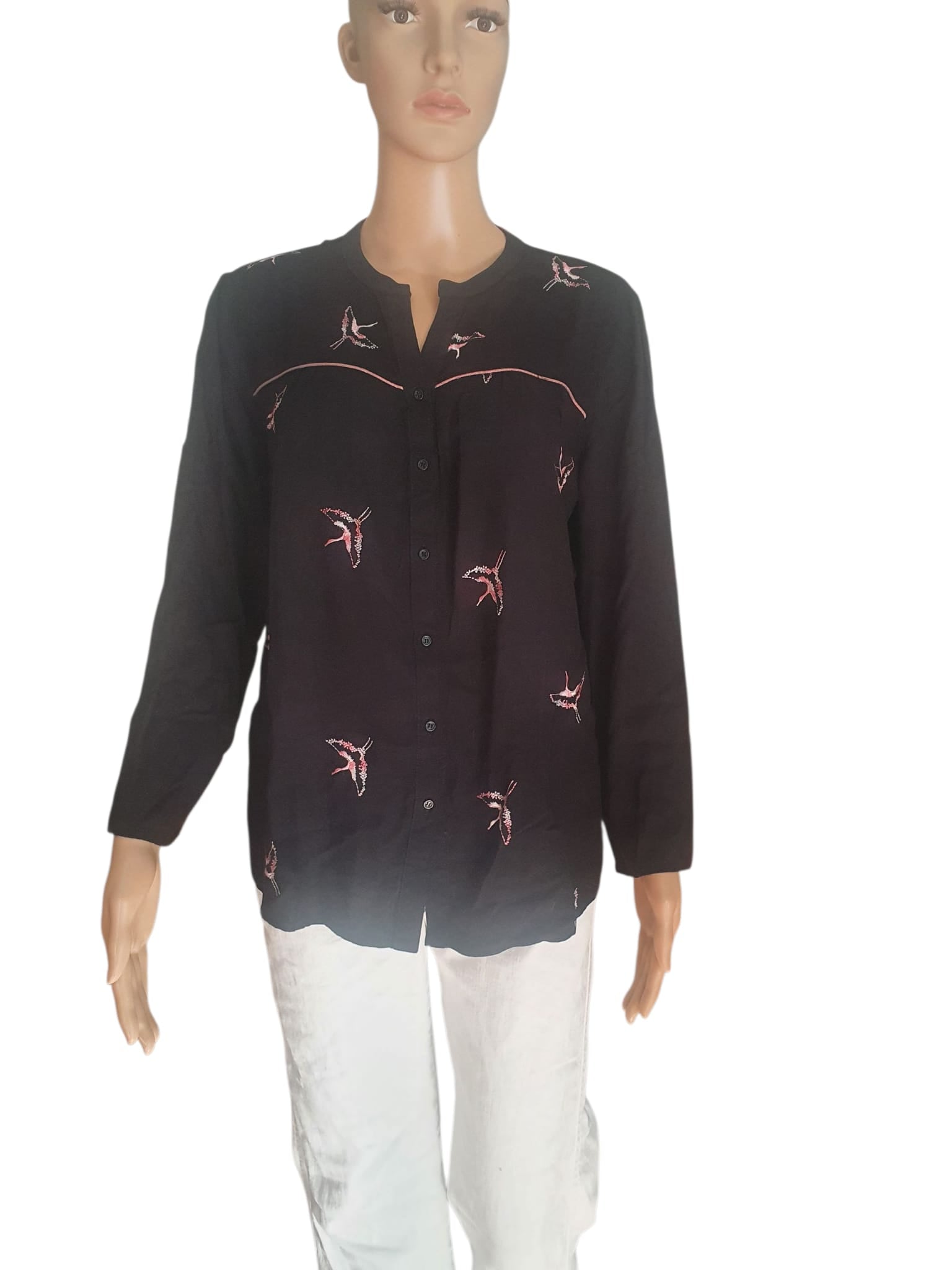 Chemise Fluide Noire à Motifs Grues Roses - Gémo (Taille 42)
