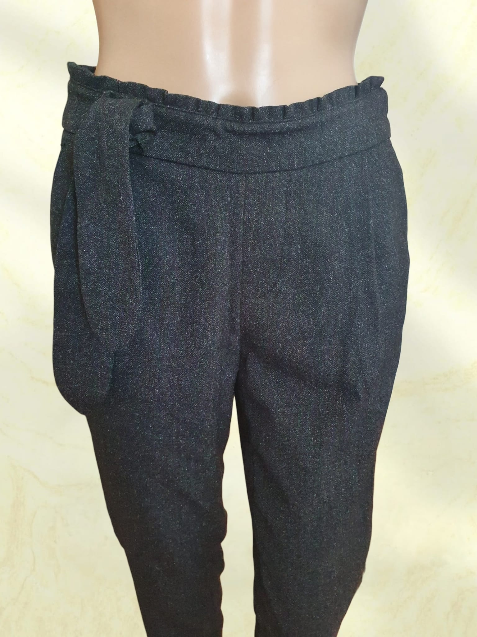 Pantalon Carotte Gris Anthracite Effet Moucheté - Taille Haute & Chic - T36