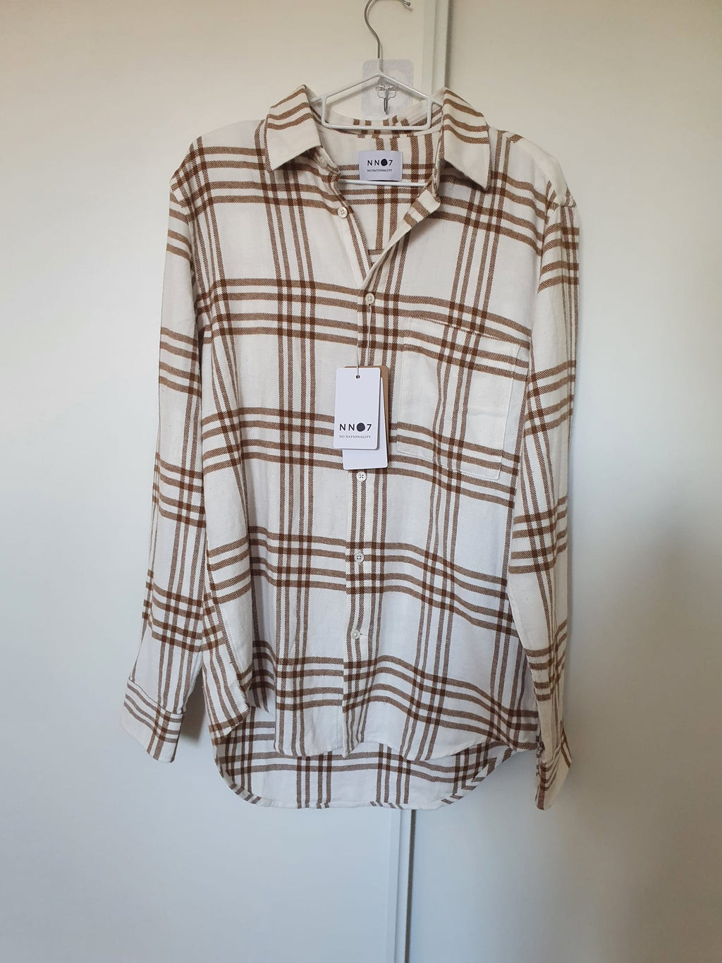 Chemise en Coton Homme NN07 New Arne 5166 – Carreaux Marron & Blanc - Taille S - Neuve avec Étiquette