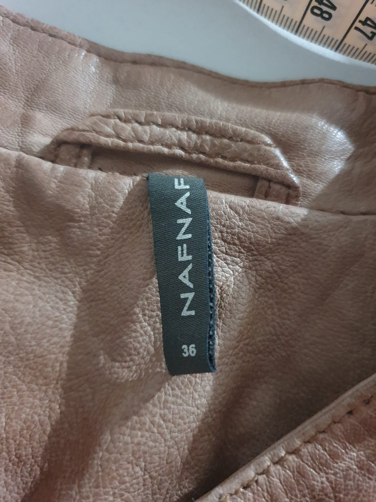 Veste / Blouson Biker en Cuir Véritable Marron – Naf Naf (Taille 36 / S)