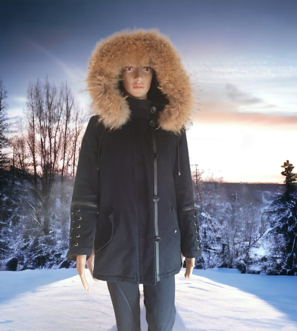 Parka Maje "GOBY"- Bleu Marine- Fourrure & Cuir- Taille 36