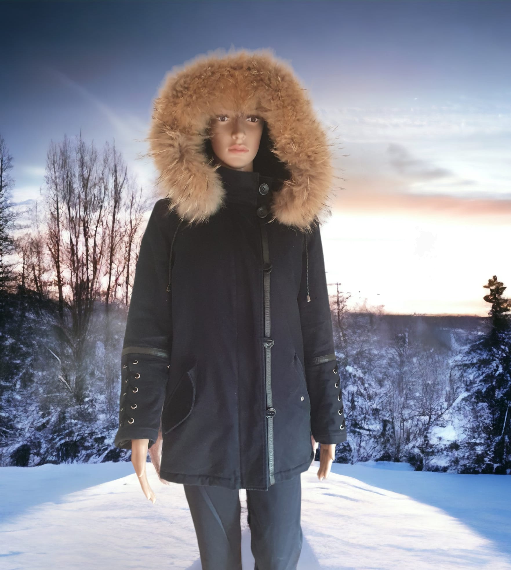 Parka Maje "GOBY"- Bleu Marine- Fourrure & Cuir- Taille 36