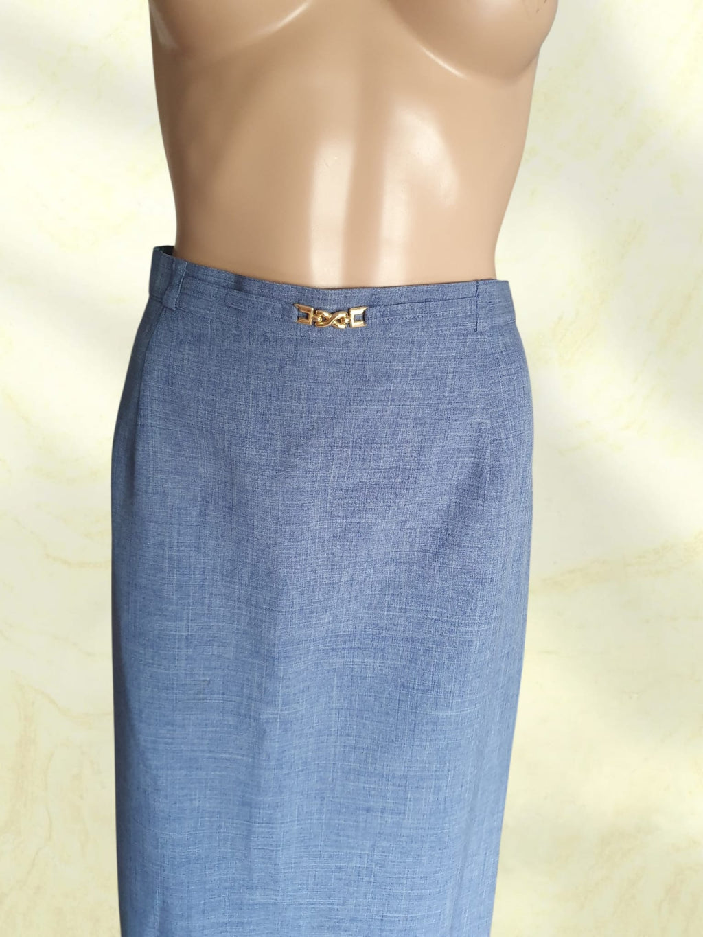 Jupe Crayon Vintage Bleue à Détail Doré – Marilyn de Perel Paris T44