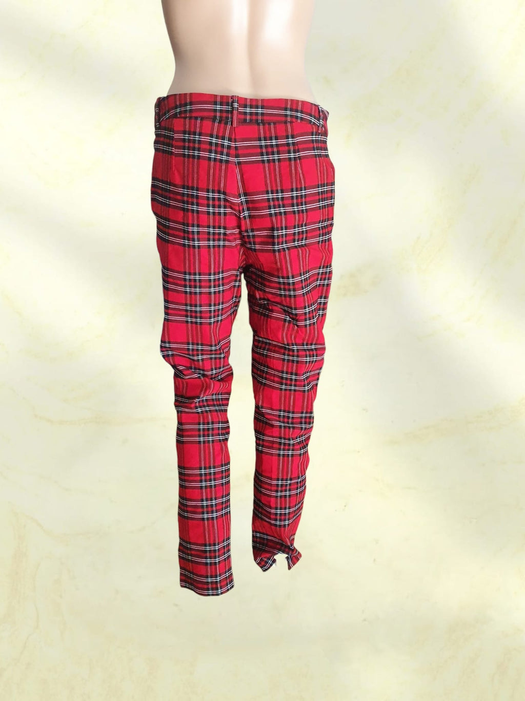 Pantalon Écossais Rouge Femme Taille Haute Imprimé Tartan - T42