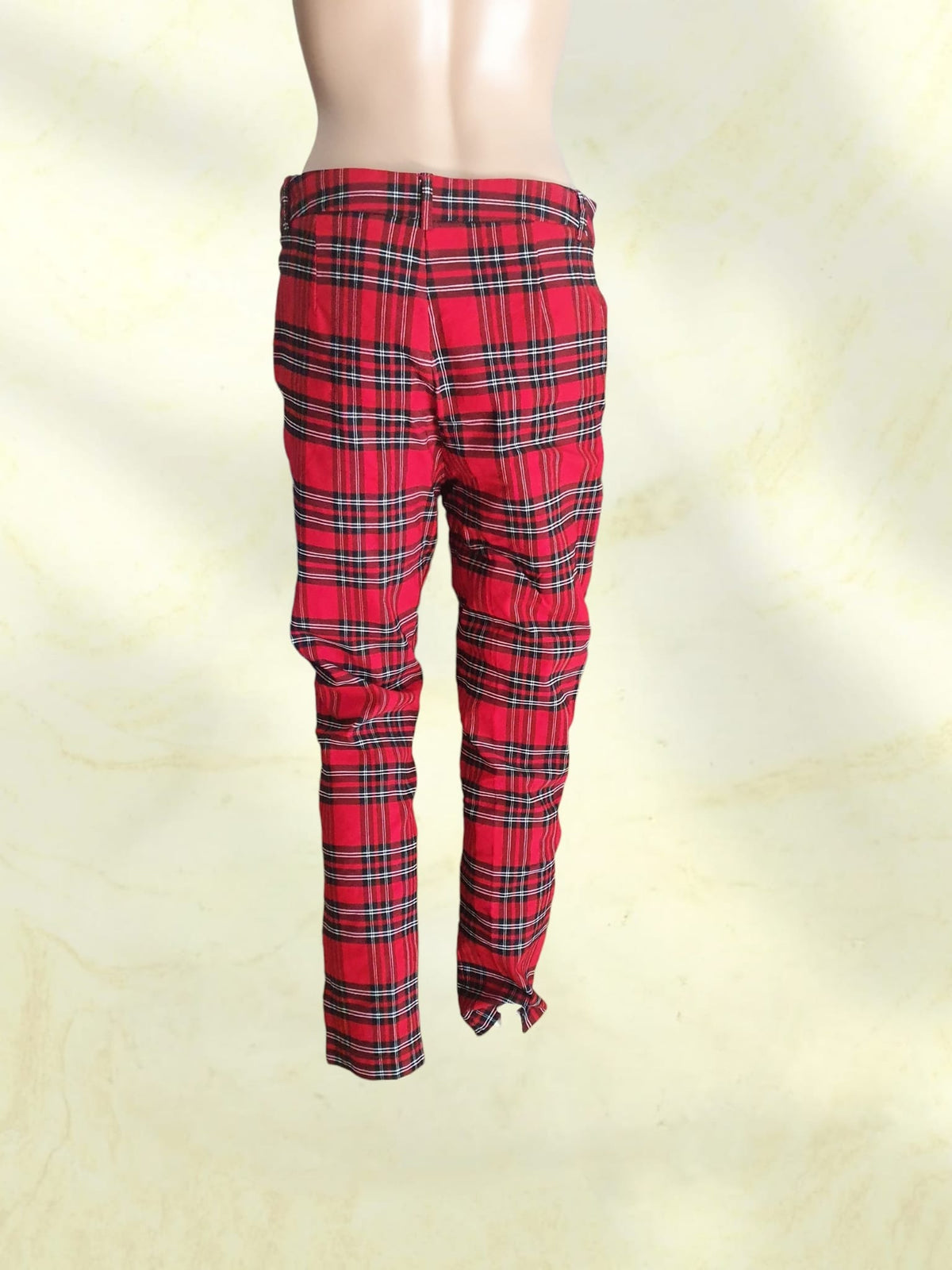 Pantalon Écossais Rouge Femme Taille Haute Imprimé Tartan - T42