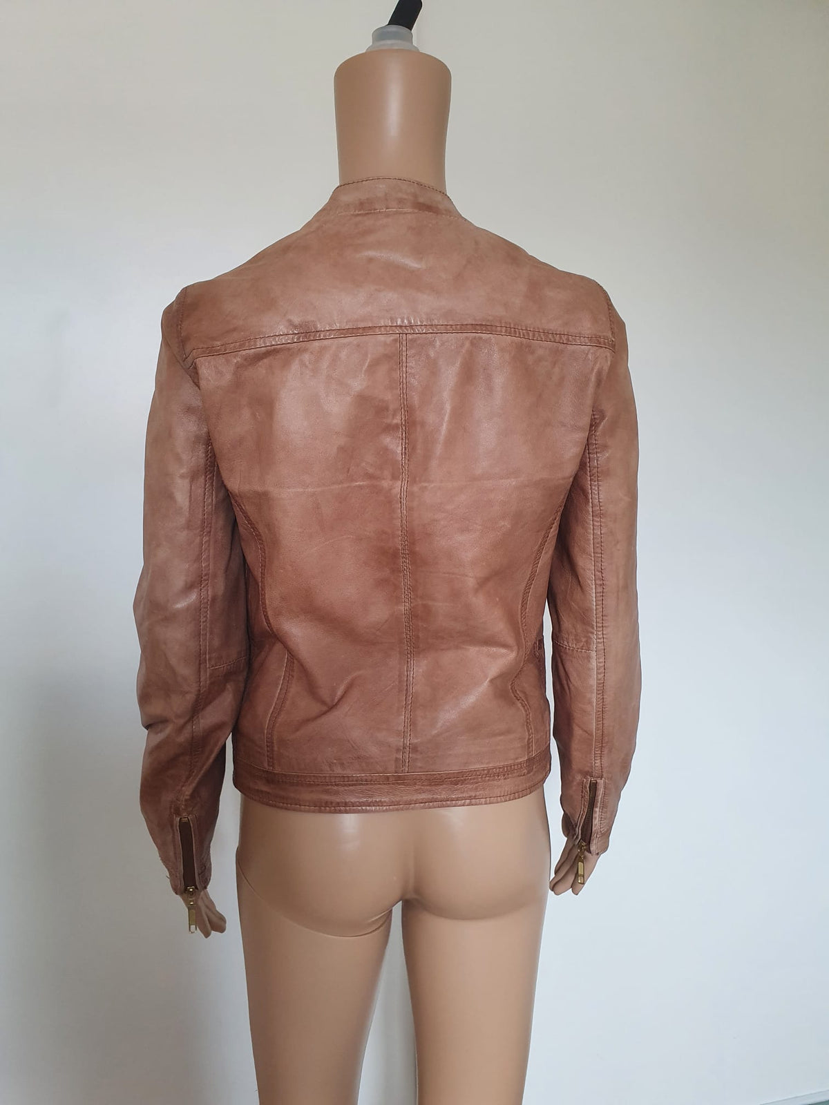 Veste / Blouson Biker en Cuir Véritable Marron – Naf Naf (Taille 36 / S)