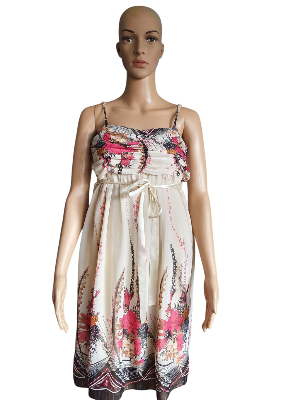 Robe d'Été Bohème en Soie Véritable – Imprimé Floral Rose & Crème Taille M