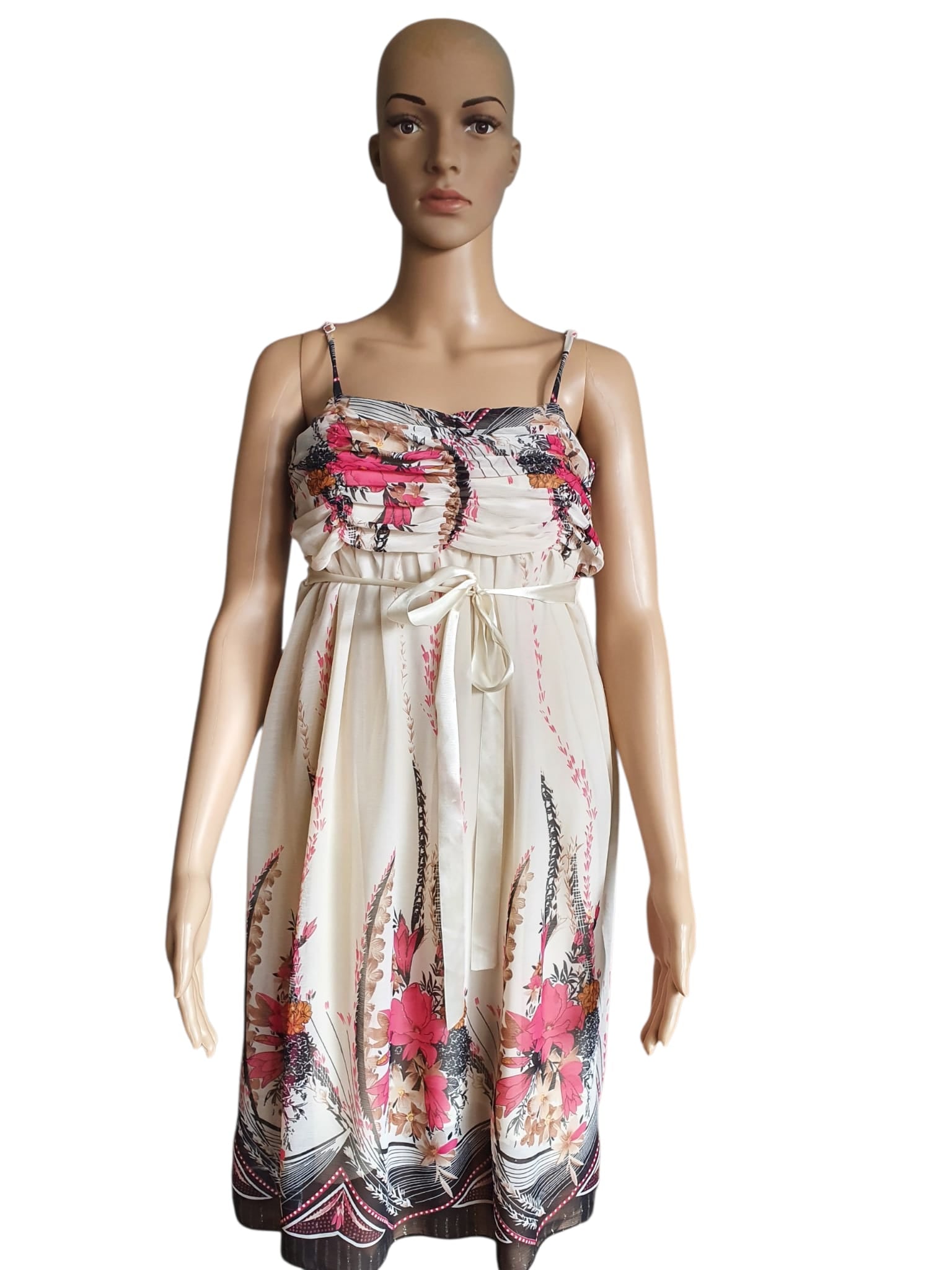 Robe d'Été Bohème en Soie Véritable – Imprimé Floral Rose & Crème Taille M