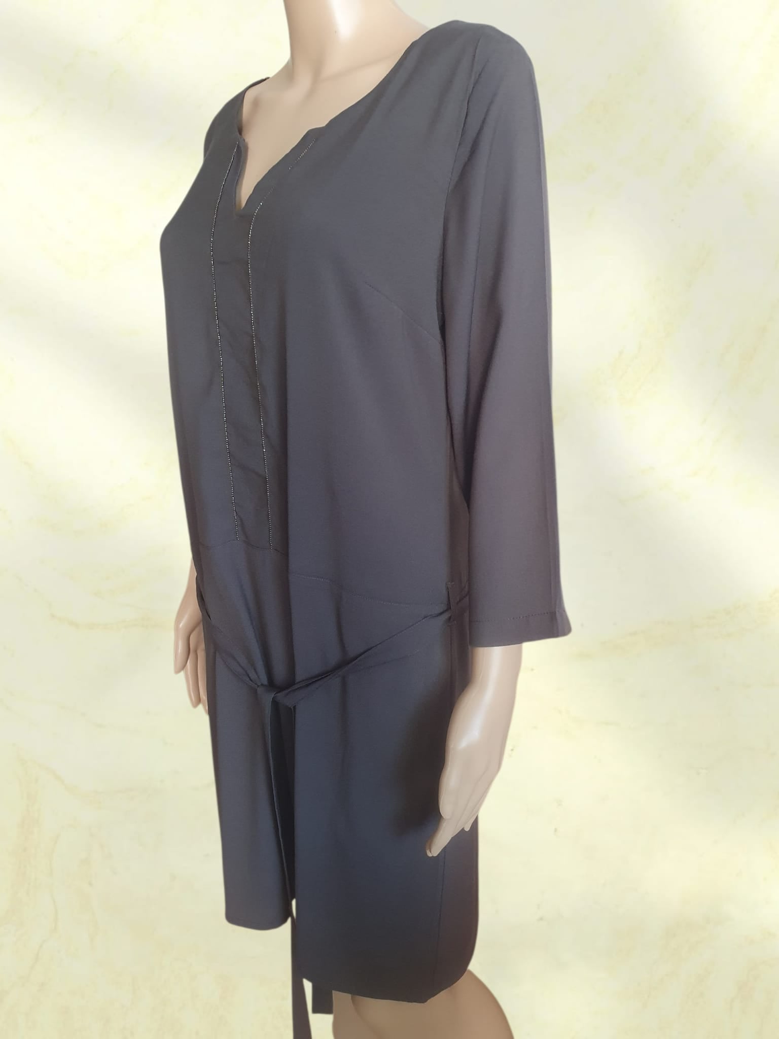Robe Courte Marron Glacé Foncé Camaïeu – Style Tunique à Plastron Perlé T38