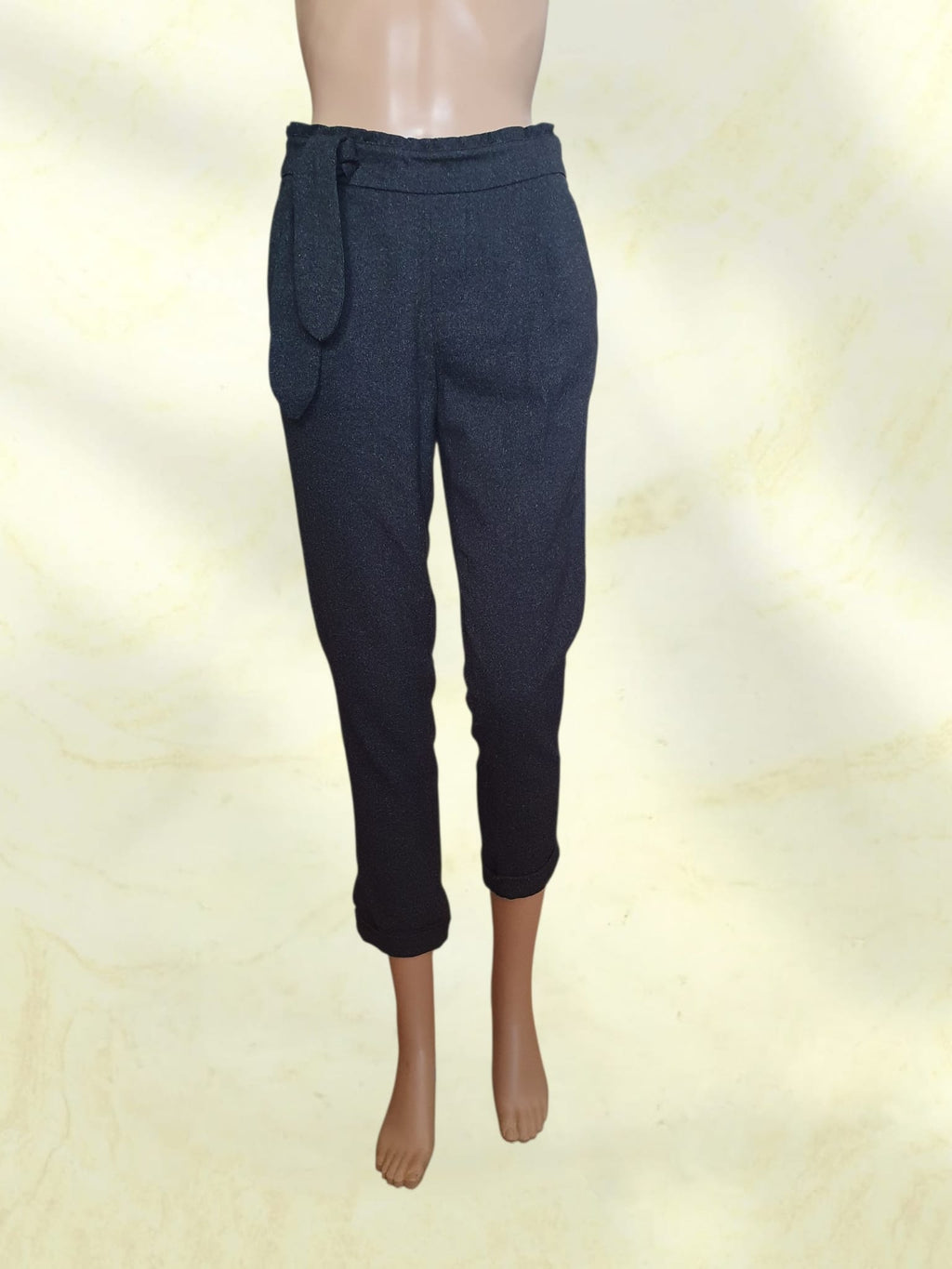 Pantalon Carotte Gris Anthracite Effet Moucheté - Taille Haute & Chic - T36