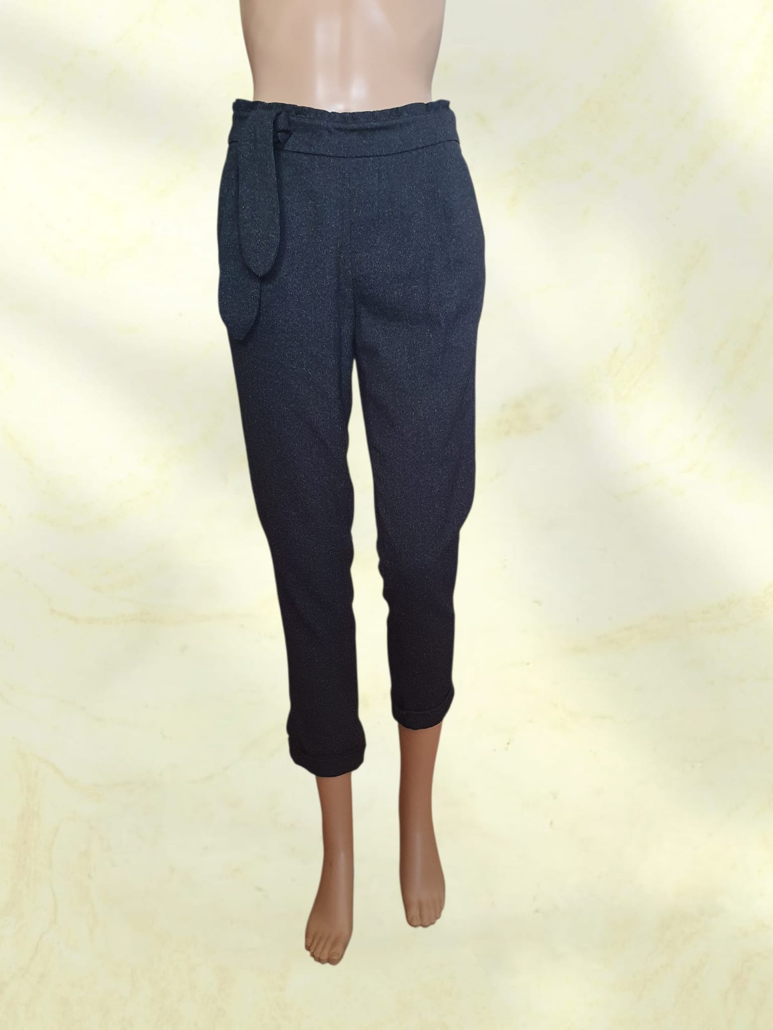 Pantalon Carotte Gris Anthracite Effet Moucheté - Taille Haute & Chic - T36