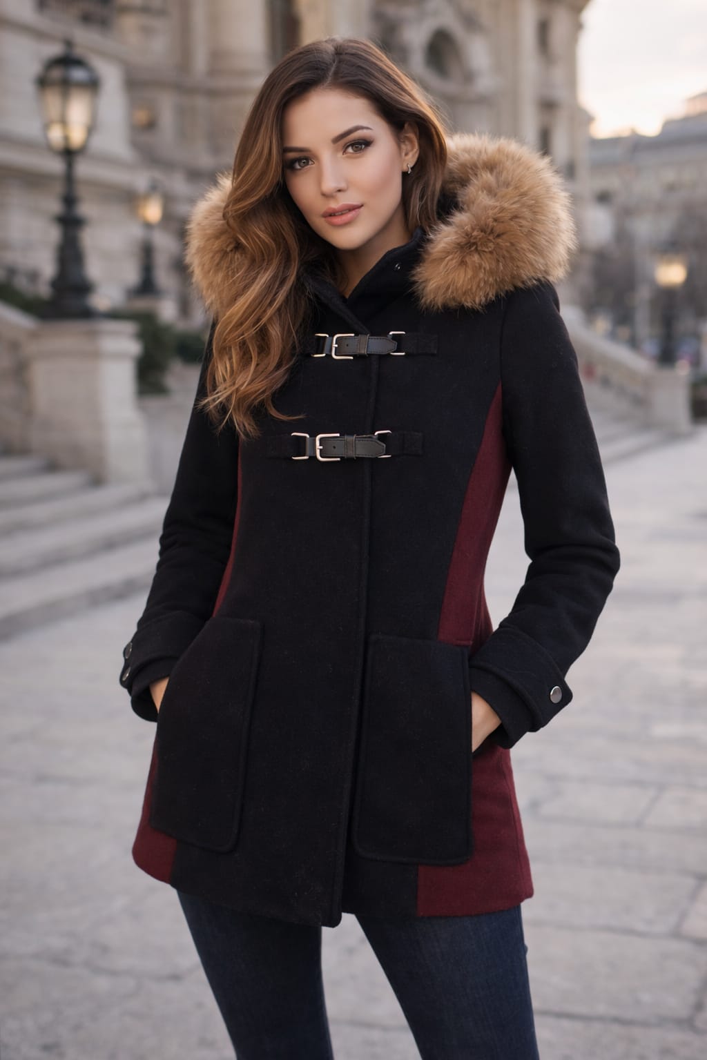 Manteau Maje Ganxia, Duffle Coat laine et fourrure 
