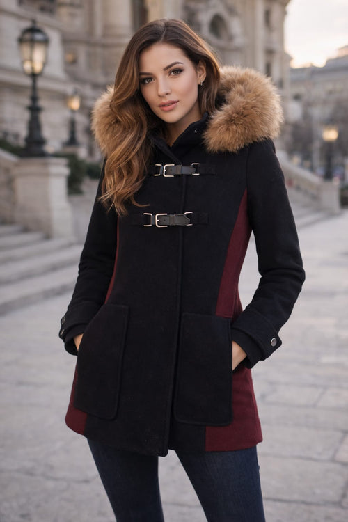 Manteau Maje Ganxia, Duffle Coat laine et fourrure 