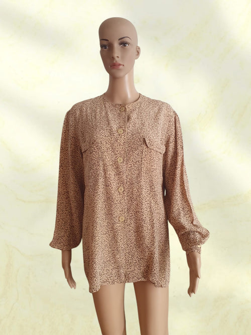 Chemise Vintage Apostrophe en Soie Beige et Marron – Fabriquée en France – Taille 44