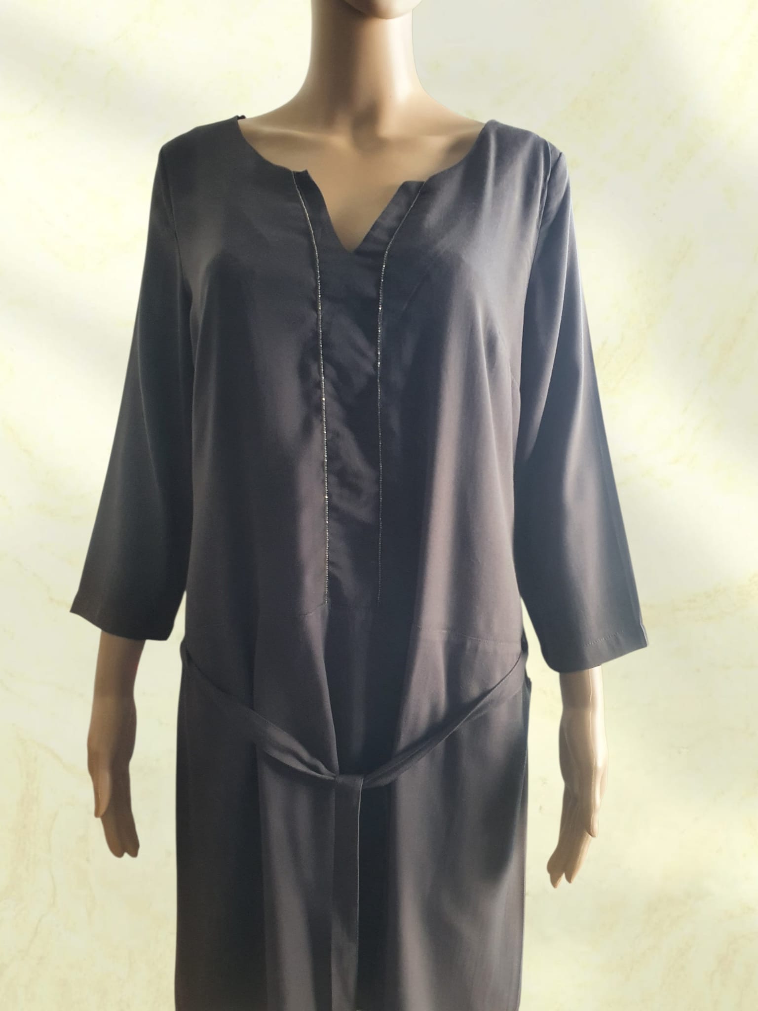 Robe Courte Marron Glacé Foncé Camaïeu – Style Tunique à Plastron Perlé T38