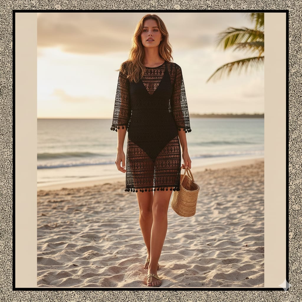 Robe Tunique Noire en Dentelle Ajourée. Taille 38