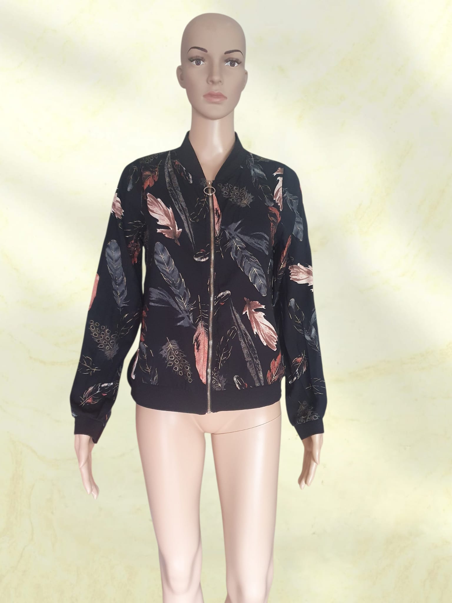 Veste Bomber Légère à Motif Plumes – Style Bohème Chic & Fluide T36