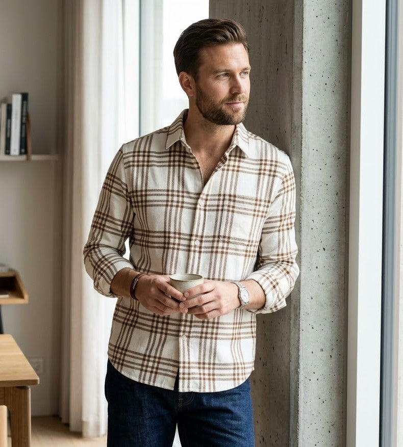 Chemise en Coton Homme NN07 New Arne 5166 – Carreaux Marron & Blanc - Taille S - Neuve avec Étiquette